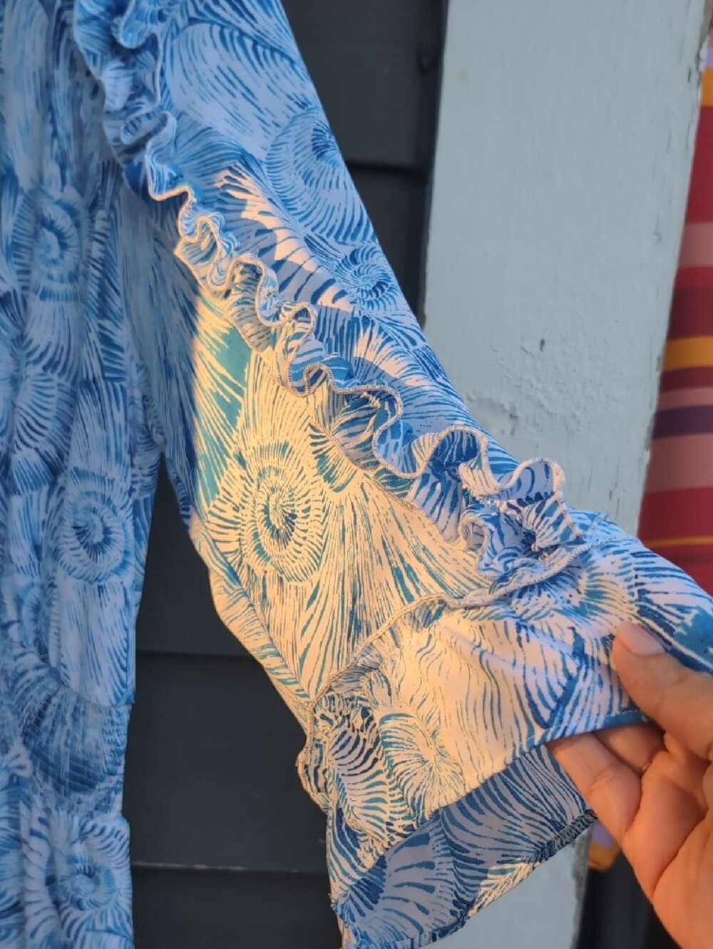 Chico's Light Blue Floral Ruffle Midi Dress Size 12 Large - Picture 7 of 16
